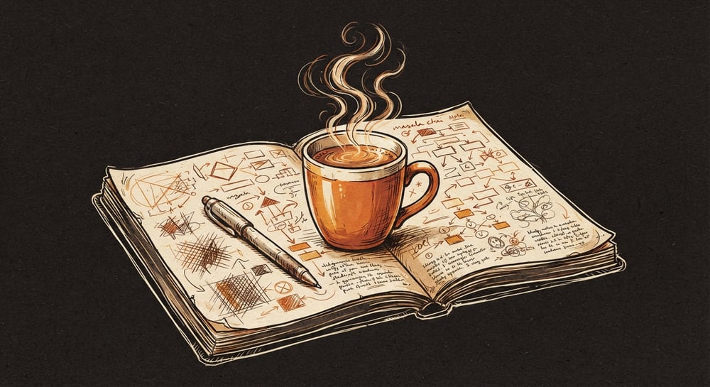 A cup of chai resting on an open notebook full of hand-drawn diagrams