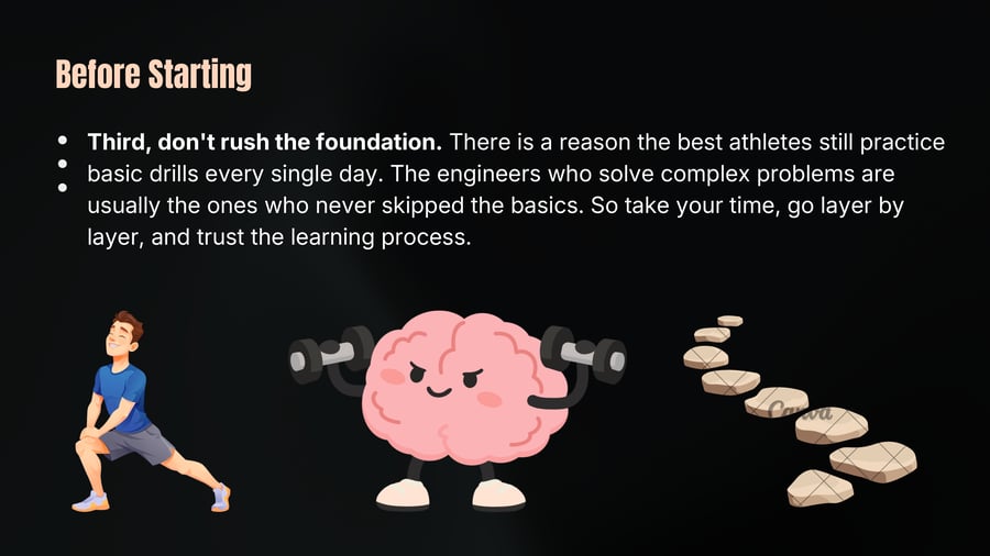 Illustrations showing a person stretching, a cartoon brain lifting dumbbells, and a path of stepping stones.