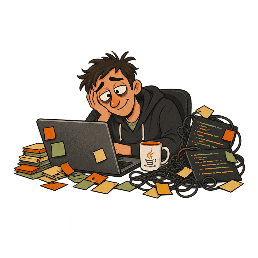 A tired programmer slumped at a desk covered in sticky notes and tangled code, a Java mug beside the keyboard.