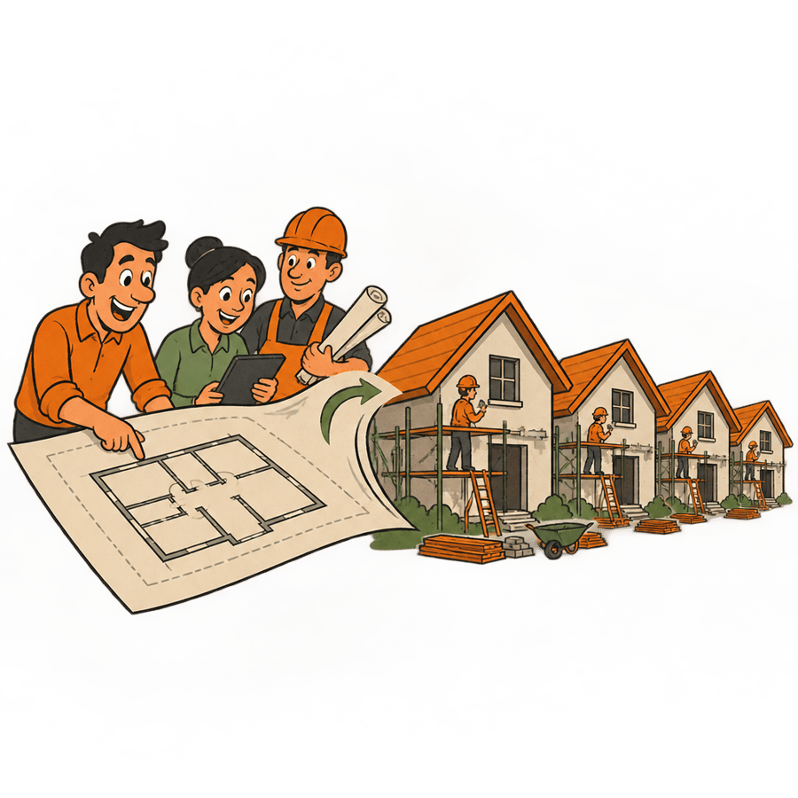 An architectural blueprint drawing morphing into several identical houses under construction.