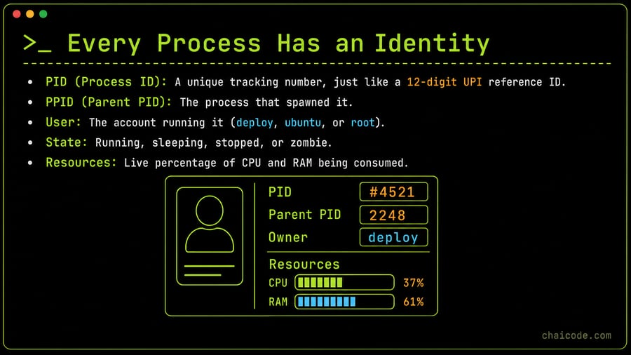A digital ID card layout displaying fields for PID #4521, Parent PID, Owner 'deploy', and a resource usage meter.