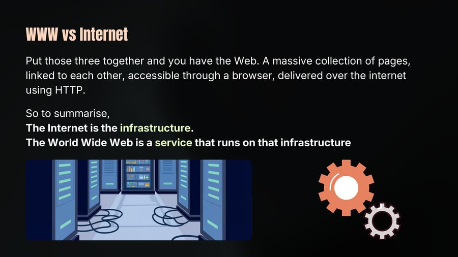 An illustration of a server room representing internet infrastructure alongside icons of gears representing web services.