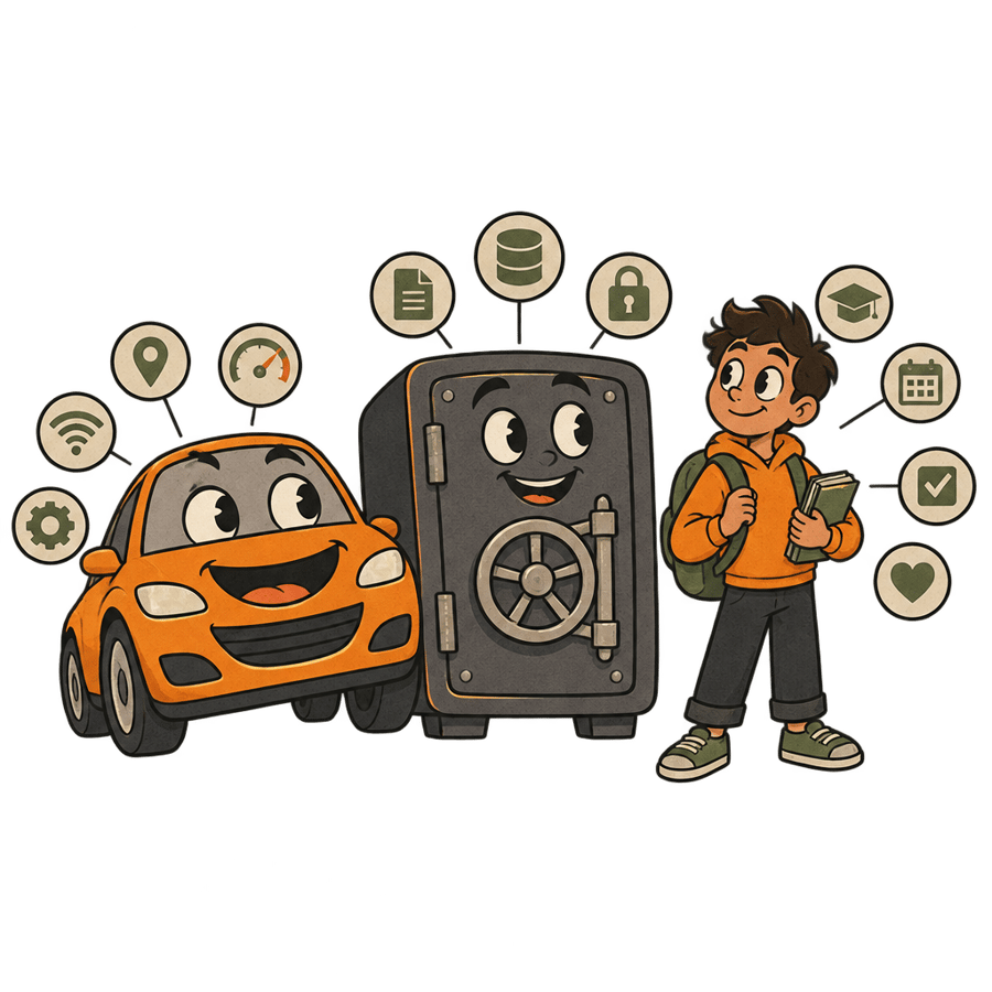 A car, a bank vault, and a student standing side by side, each labeled with small icons for their data and actions.