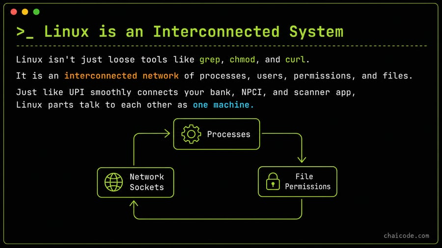 A clean flowchart showing processes, file permissions, and network sockets linked together in a loop.