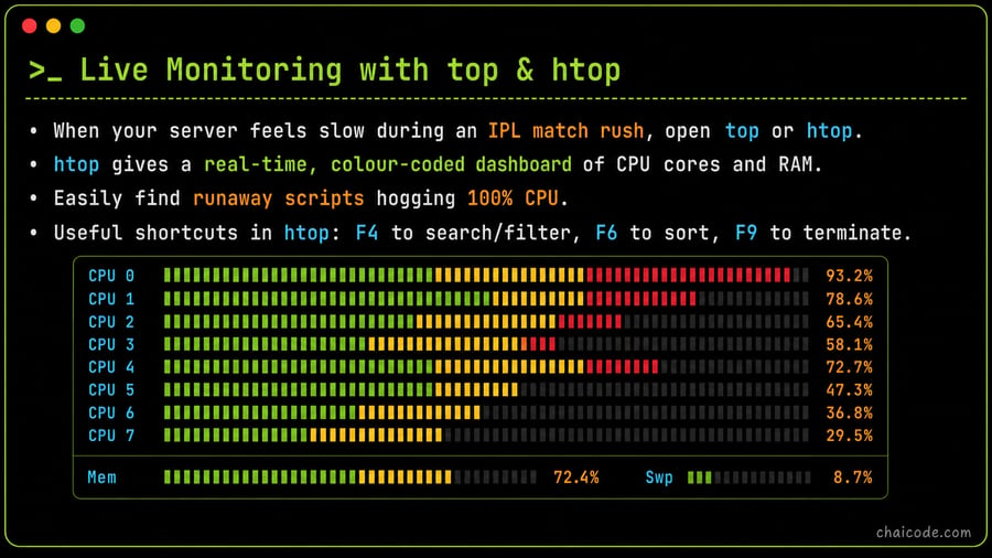 A live sports-style dashboard showing multi-core CPU bar graphs with green/yellow/red load meters.