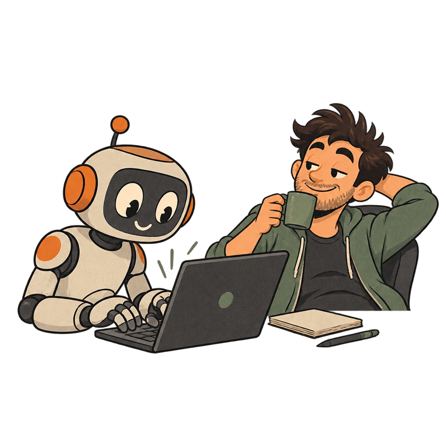 A robot assistant typing boilerplate code on a laptop while a relaxed developer sips coffee beside it.