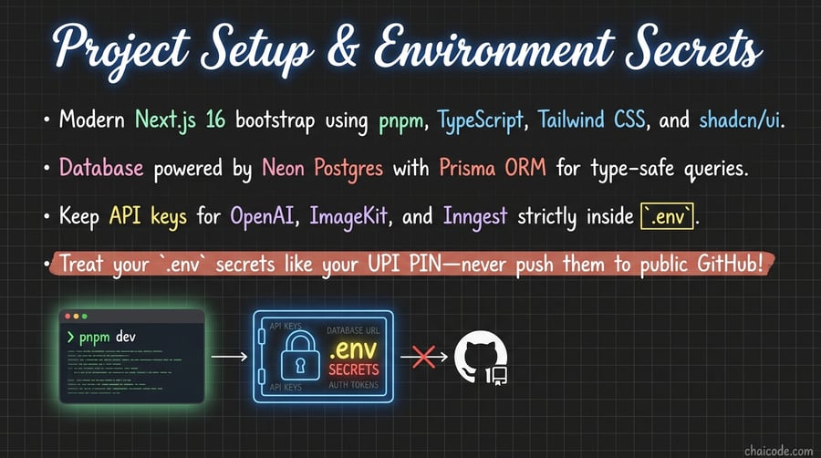 A terminal running 'pnpm dev' positioned beside a locked digital vault representing local environment variables.