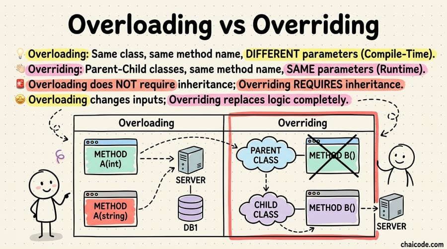 A 2-column side-by-side comparison table for Overloading vs Overriding.