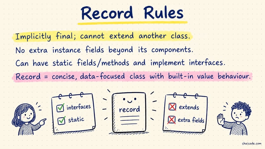 Checklist with ✓ for interfaces/static and ✗ for extends/extra fields