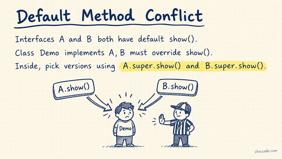 Two arrows labelled A.show() and B.show() colliding at Demo, with a referee resolving them