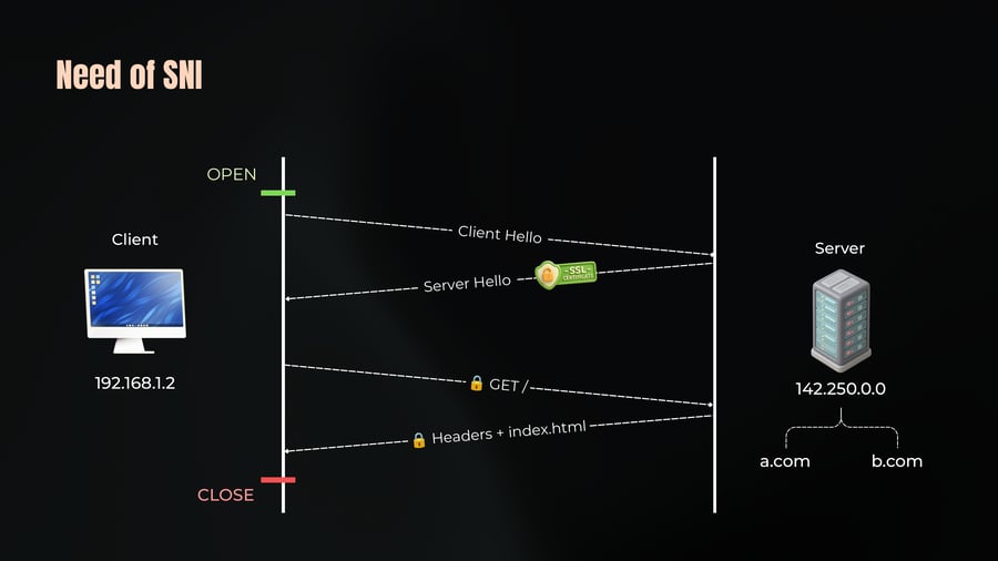 A sequence diagram illustrating the TLS handshake and HTTP exchange between a client and a server hosting two domains on the same IP, demonstrating the problem that necessitates Server Name Indication (SNI).