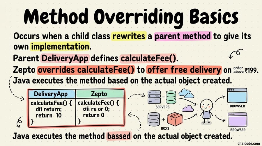A split box showing base DeliveryApp fee logic vs Zepto's customized zero-fee logic.