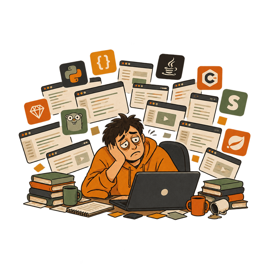 An exhausted developer slumped at a desk surrounded by dozens of open tutorial browser tabs and language logos.