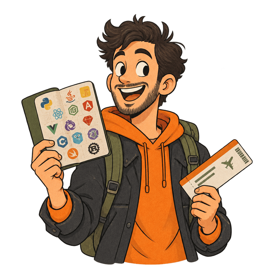 A developer holding a passport stamped with many programming language and framework logos, boarding pass in hand.