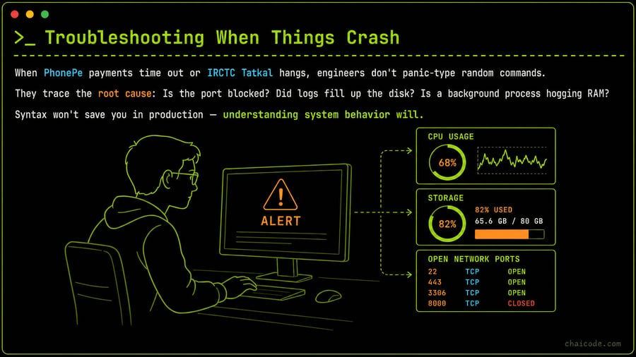 An engineer calmly diagnosing an alert by checking CPU usage, storage gauges, and open network ports.