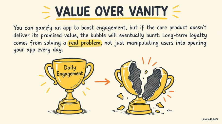 A shiny gold trophy labeled 'Daily Engagement' cracking open to reveal it is completely hollow inside.