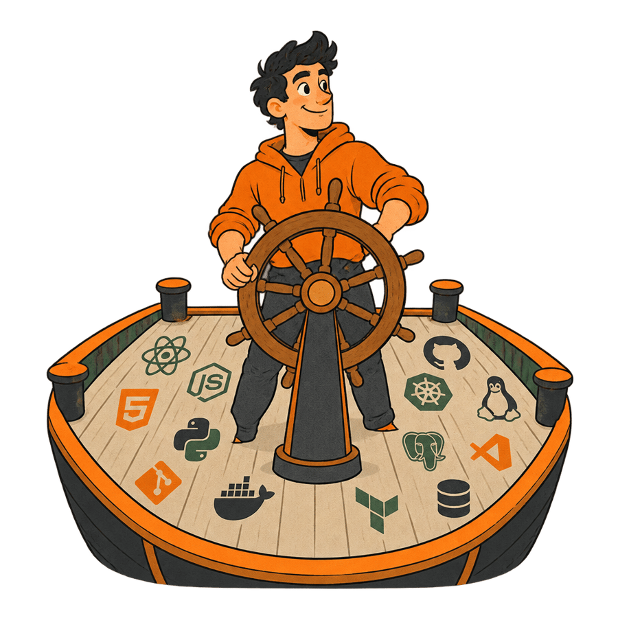 A developer standing confidently at the helm of a ship, steering wheel in hand, deck labeled with many stack logos.