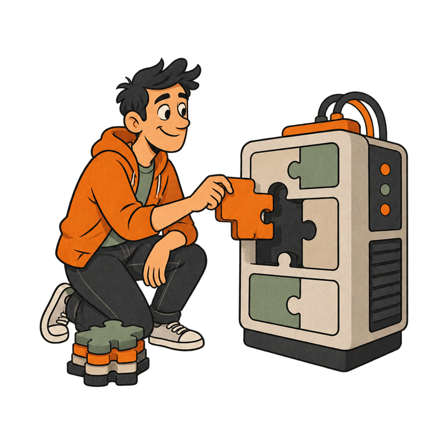 A relaxed developer smiling while swapping one labeled puzzle piece into a large, neatly organized machine.