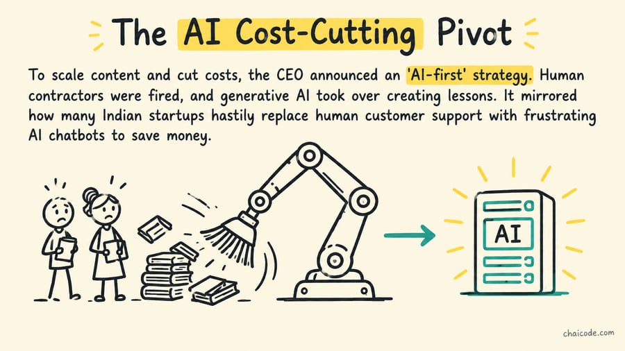 A robotic arm sweeping away human teachers and textbooks to replace them with a glowing AI server.