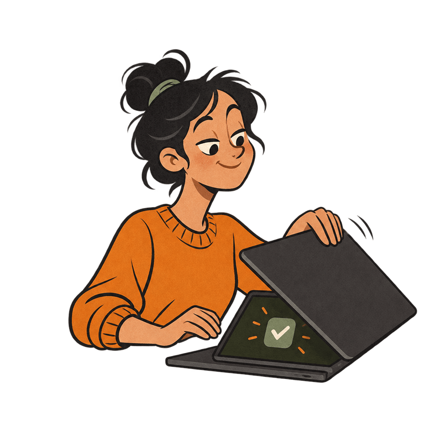 A person calmly closing a laptop at sunset, a single finished app icon glowing on the screen.