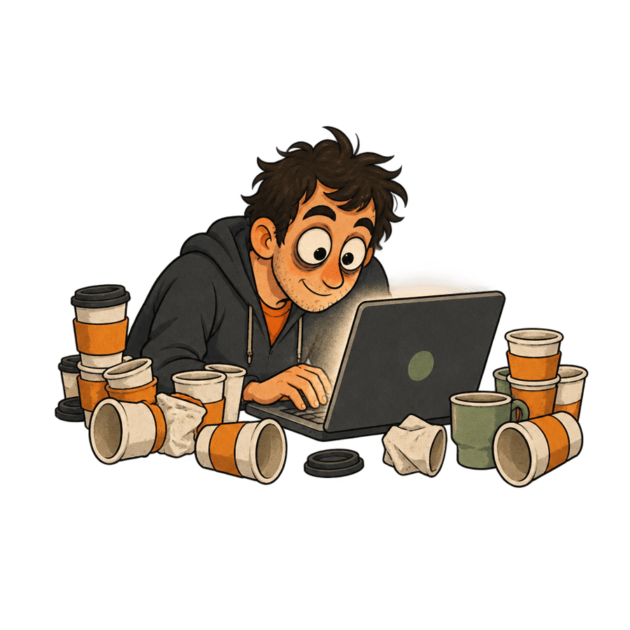 A developer hunched over a glowing laptop at 2 AM, eyes wide, surrounded by empty coffee cups.