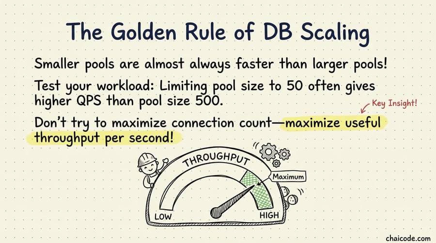 A dashboard gauge showing maximum throughput achieved in the green zone at low pool sizes.