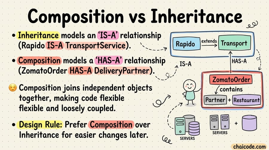 Diagram contrasting 'Rapido extends Transport' (IS-A) against 'ZomatoOrder contains Partner + Restaurant' (HAS-A).