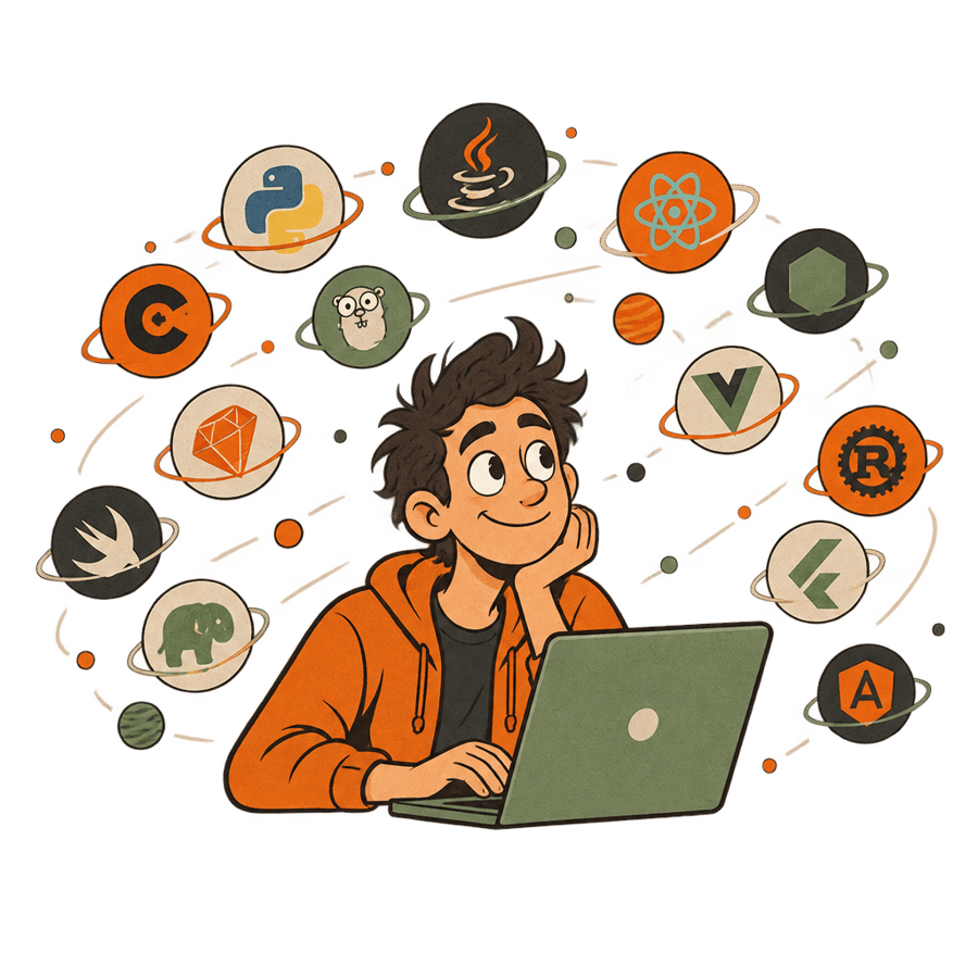A calm developer at a laptop, dozens of language and framework logos orbiting harmlessly around them like planets.