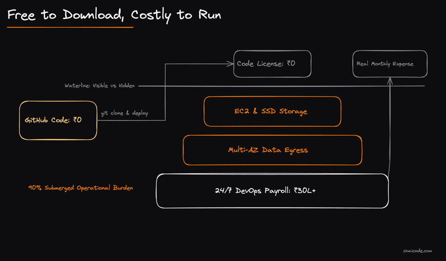 On the left, a small download box labeled 'GitHub Code: ₹0' has an arrow pointing to a large cross-section iceberg diagram in water. Above the water line, a tiny visible tip is labeled 'Code License: ₹0'. Below the water line, three large descending blocks show 'EC2 & SSD Storage', 'Multi-AZ Data Egress', and '24/7 DevOps Payroll: ₹30L+'. Arrow points from the hidden base to a final total labeled 'Real Monthly Expense'.