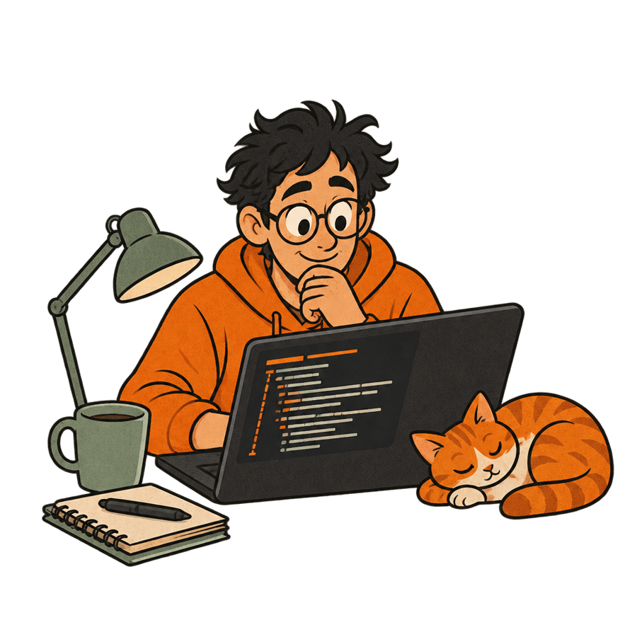 A focused developer late at night calmly reading a stack trace on screen, no tutorial tab open.
