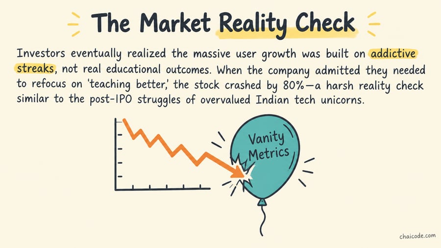 A stock market chart plummeting downwards, piercing through a balloon labeled 'Vanity Metrics'.