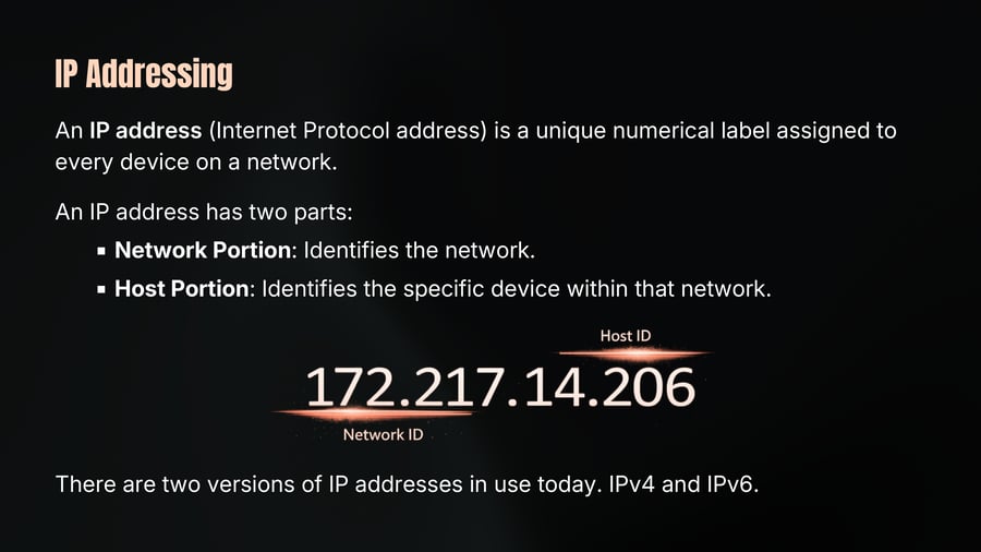 An IP address example (172.217.14.206) showing the first portion labeled underneath as Network ID and the remaining portion labeled above as Host ID.