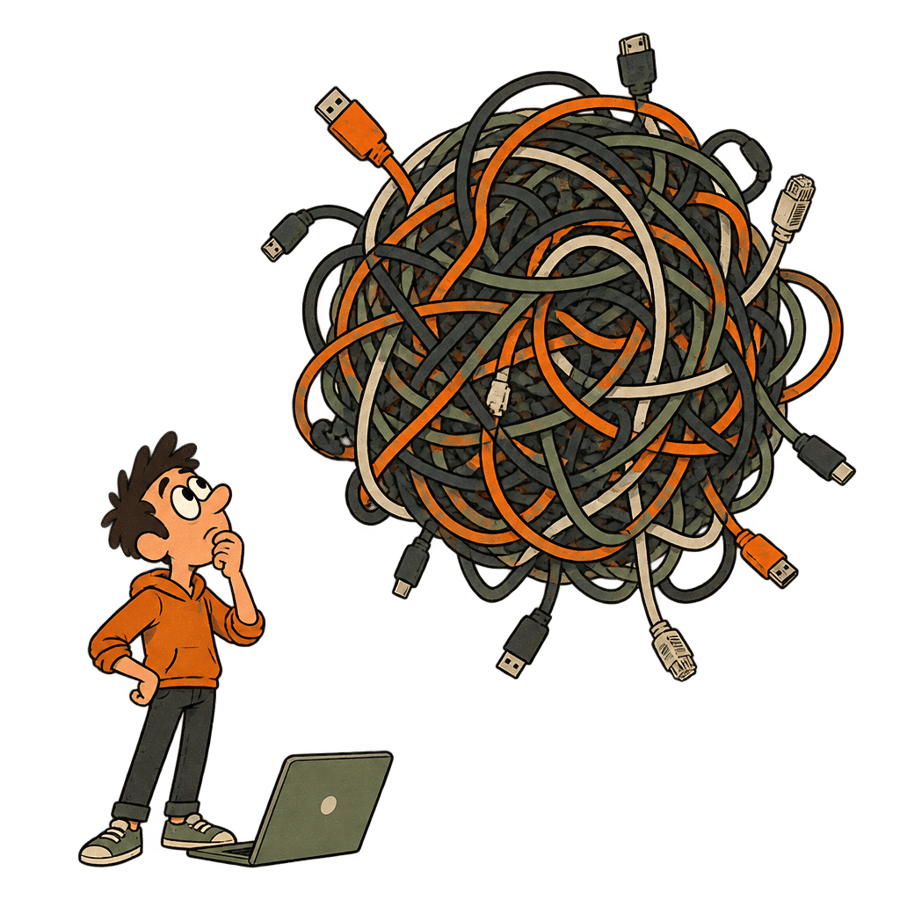 A developer staring up at a giant tangled ball of wires representing sprawling code.