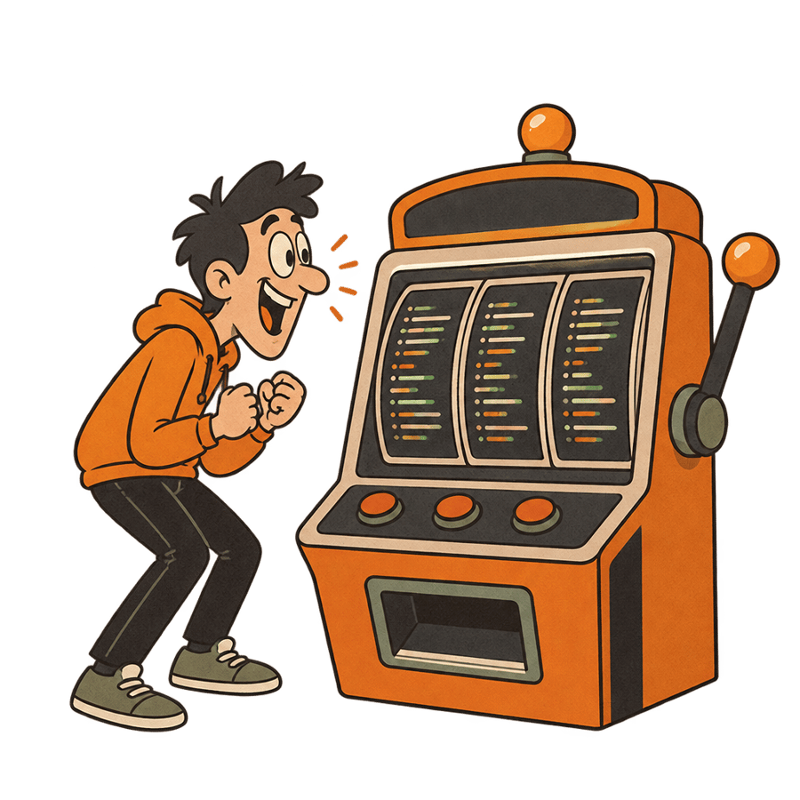 A slot machine with lines of code scrolling on its reels instead of fruit symbols.