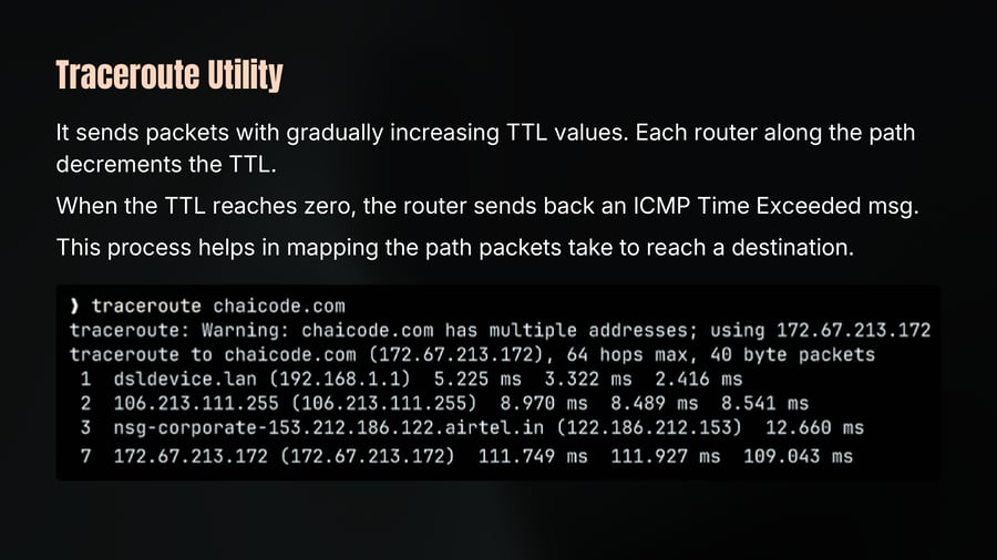 Terminal output displaying the execution of the command traceroute chaicode.com along with network hop details and response times.
