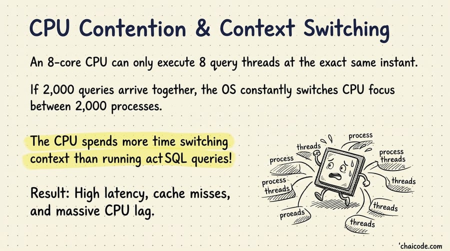 A CPU core frantically jumping between dozens of active process threads, wasting processing time.