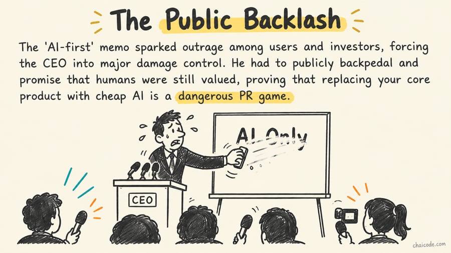 A sweaty startup CEO at a press conference hastily erasing the words 'AI Only' from a whiteboard.