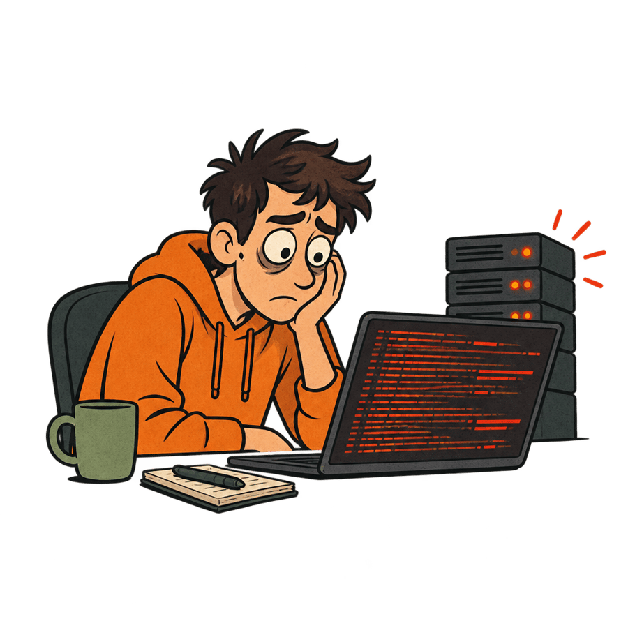 A developer alone at 2 AM staring at glowing red server logs during a production incident.