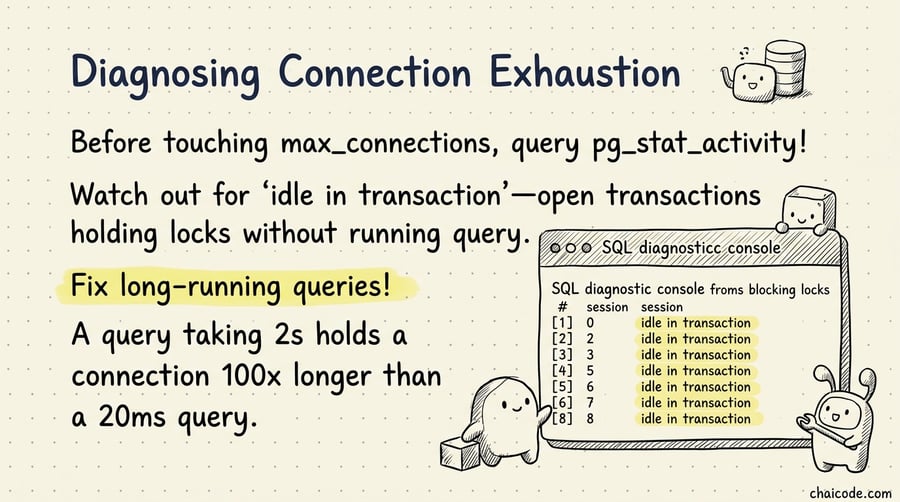 An SQL diagnostic console highlighting 8 problematic 'idle in transaction' sessions blocking locks.