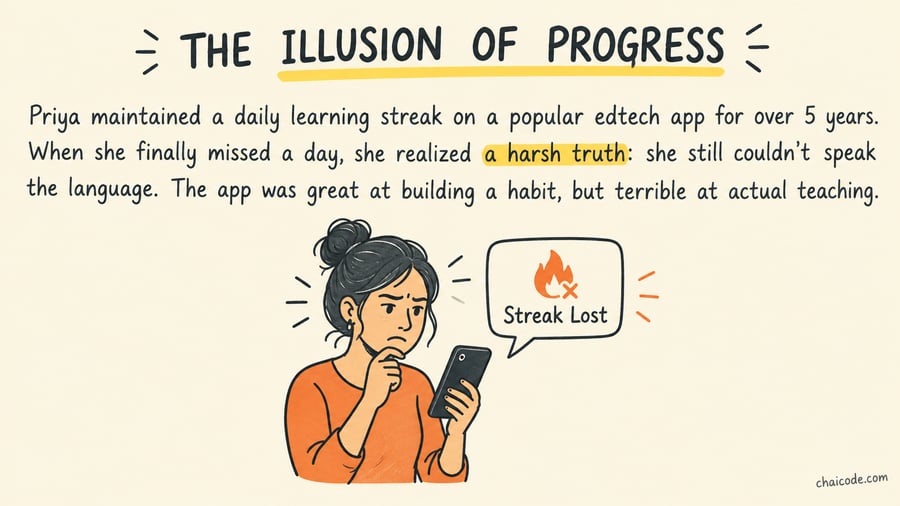 A young Indian woman looking at her smartphone with a 'Streak Lost' notification, looking frustrated but enlightened.