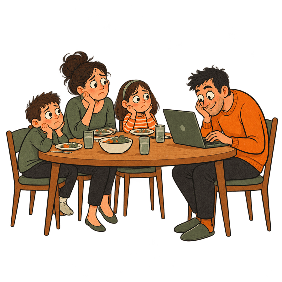 A person compulsively checking their laptop at the dinner table while family sits ignored.