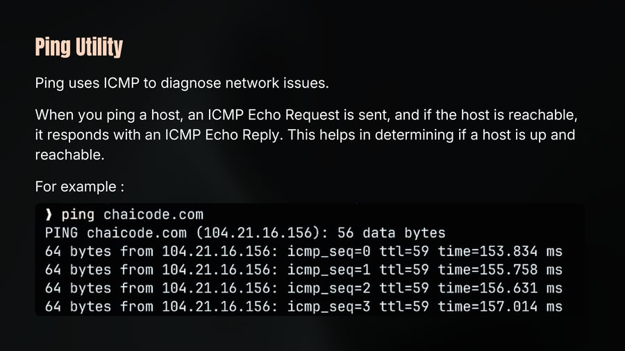 Terminal screenshot displaying the execution and output of a ping command targeting chaicode.com.