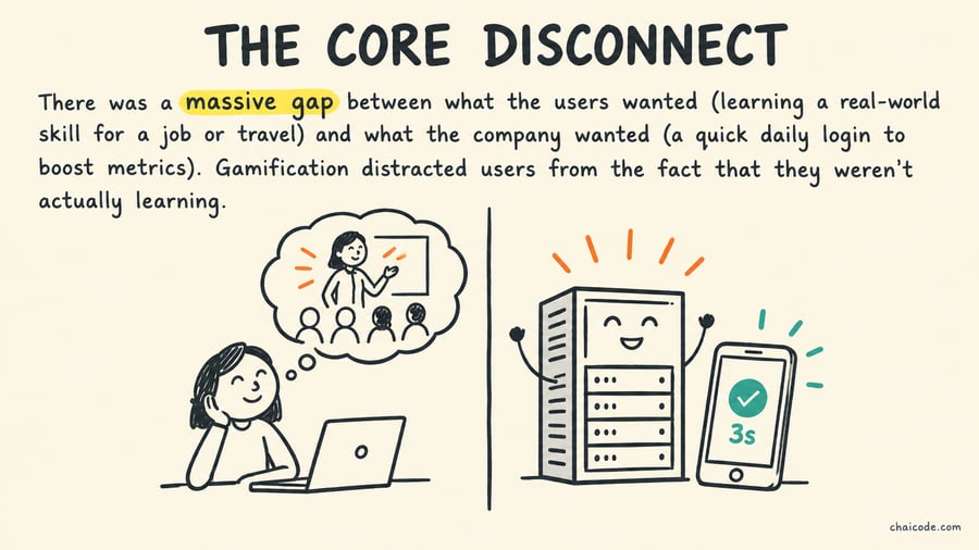 A split screen: a user dreaming of speaking confidently in a meeting, contrasted with a server rack happily registering a 3-second app login.